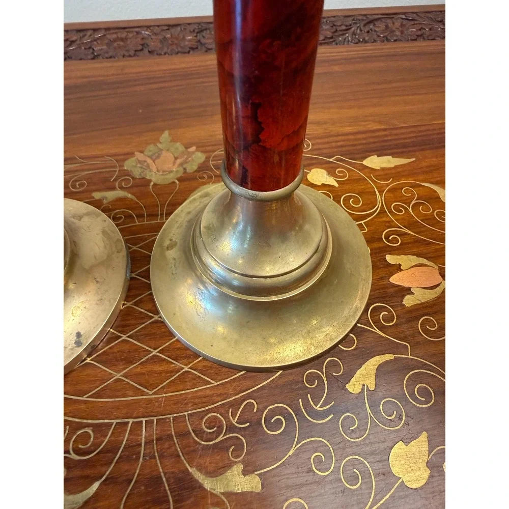 Vintage Brass Candlestick Pair • Red Faux Marble Enamel Column Candle Holders
